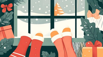 Cozy Winter Window with Gift, and Snow.
