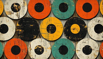 Fototapeta premium Colorful circular targets on a wooden surface.