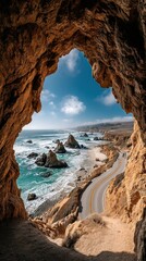 Coastal view through cave opening