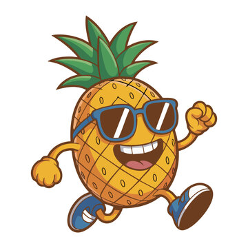 Retro style t shirt design pineapple wearing sunglasses and running.