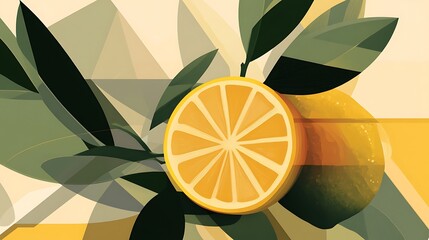Juicy Orange Slice with Leaves, and Abstract.