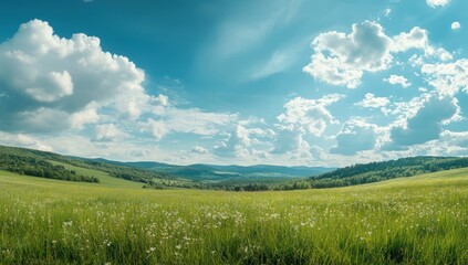 Obraz premium serene meadow landscape under a bright blue sky with fluffy clouds creating a picturesque vista