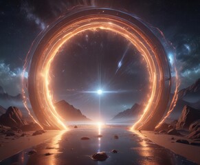 Intense cosmic energy pulses, radiating from a shimmering gateway  Waves distort the space around it ,  celestial bodies,  interstellar