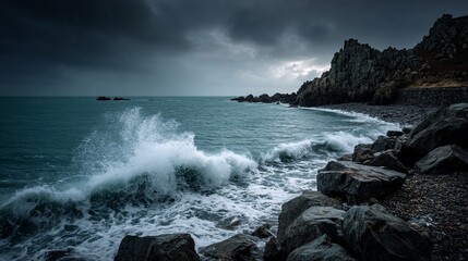 Fototapeta premium Dramatic stormy seas crashing on rocks
