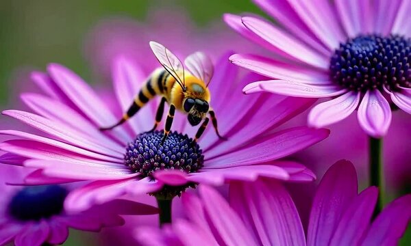 A bumblebee, a fuzzy insect, gathers pollen and nectar from a vibrant pink flower blossom in the summer garden