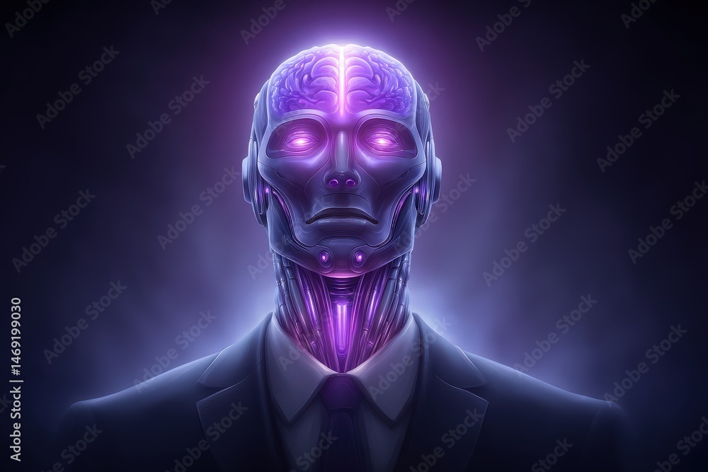 Aufkleber futuristic humanoid robot with glowing brain neurons depicted in a sleek suit against a deep violet 