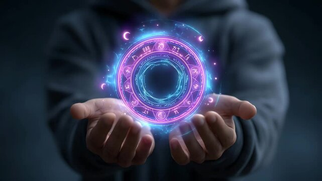 Mystical hand circle with glowing light, a portal to magic