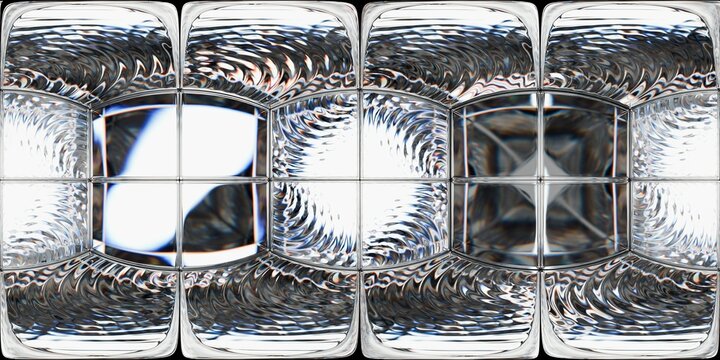 This image showcases a symmetrical grid of glass blocks with swirling, wave-like internal textures. HDRI lighting enhances the reflections and distortions, creating a kaleidoscopic glass effect.
