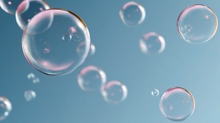 Floating Transparent Bubbles in Minimal Light Against Blue Background