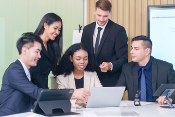 multiracial business people conference with laptop on table in office room,talking,discussion,consultation,concept business,working,meeting