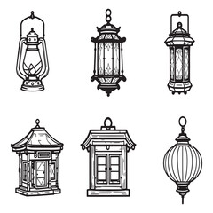 Retro style lantern lamp line artwork vector graphic