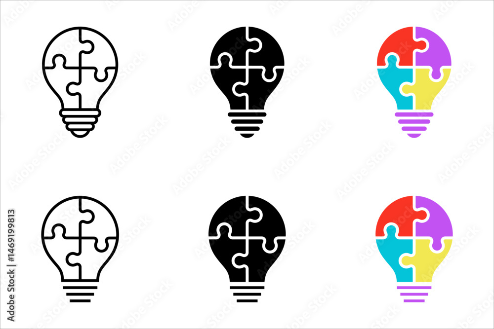 Poster jigsaw puzzles on light bulb icon vector set. solution symbol isolated on white background. idea con