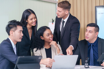 multiracial business people conference with laptop on table in office room,talking,discussion,consultation,concept business,working,meeting