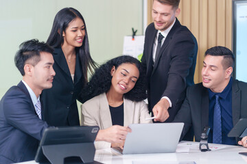 multiracial business people conference with laptop on table in office room,talking,discussion,consultation,concept business,working,meeting