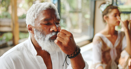 Alternate, nostril and man with breathing meditation for calm mindset, zen and inner peace with...