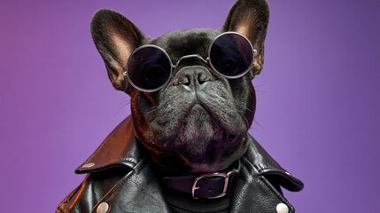Fototapeta premium French Bulldog in Leather Jacket Posing Dramatically Against Purple
