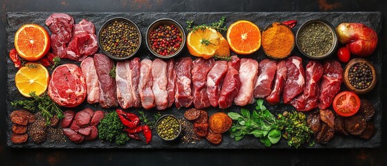 Variety of fresh meats and flavorful ingredients arranged on a slate board.