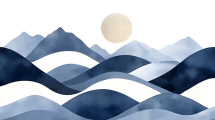 Abstract landscape of indigo mountains and hills.
