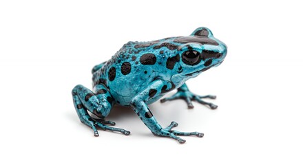 Vibrant Blue Poison Dart Frog with Black Spots on White Background
