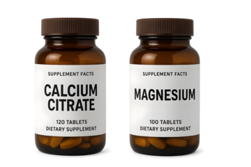 Two bottles of dietary supplements labeled Calcium Citrate and Magnesium, each with a specific number of tablets. Concept Calcium Citrate Tablets, Magnesium Tablets, Dietary Supplement Labels