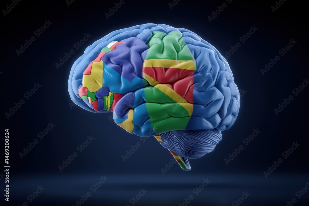 Poster three-dimensional representation of a human brain intricately decorated with vibrant country flags s
