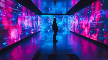 Silhouette in Neon Corridor.