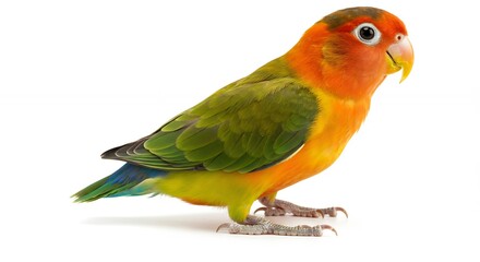 Fototapeta premium Vibrant Lovebird with Orange Green and Yellow Plumage on White Background