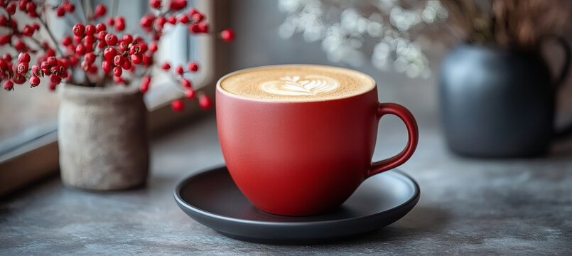 Tasteful beverage presentation with maroon coffee cup and foam on matte saucer in soft lighting and cozy ambiance
