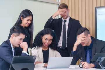 frustrated multiracial business people seriously meeting in office room,bad condition business conference,problem,worry of results business crisis