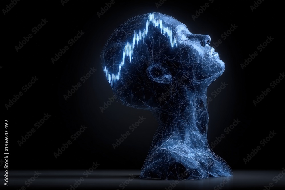 Poster futuristic representation of a human head designed with a geometric wireframe filled with glowing da
