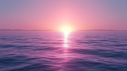 Obraz premium Pink sunset with calm water reflecting light, mountains in distant view