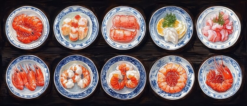 Various preparations of seafood on plates.