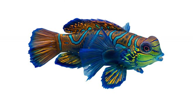 Vivid Mandarin Dragonet Fish Isolated on White Background with Detailed Colors