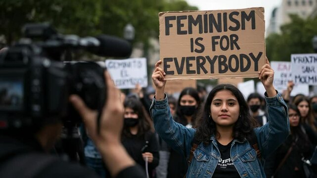 A Young Latina Woman Holds a Sign Reading 'Feminism Is for Everybody' During an Empowering Protest for Gender Equality in an Urban Setting