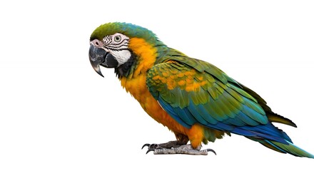 Fototapeta premium Vividly Colored Macaw Parrot Isolated Against White Background Detailed CloseUp View