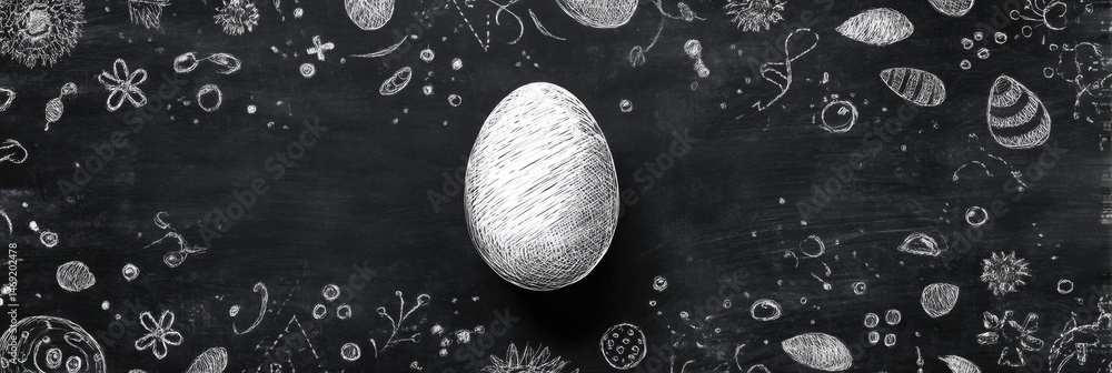 Poster unique hand-drawn egg sketch on a chalkboard style background surrounded by artistic doodles and des