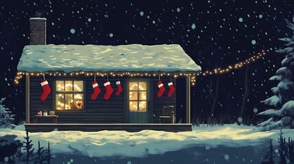 Cozy Snowy Cabin Christmas Night.