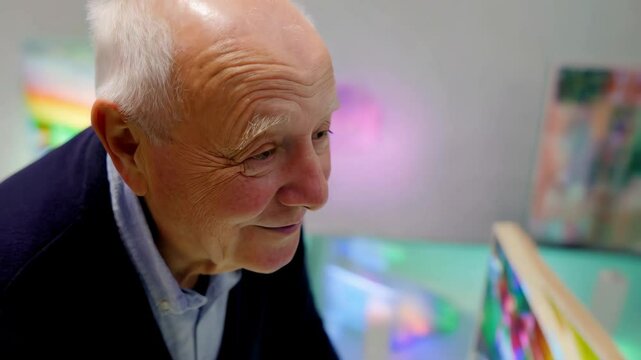 An elderly man admires vibrant art pieces in a gallery, showcasing his appreciation for creativity and color in an inviting setting