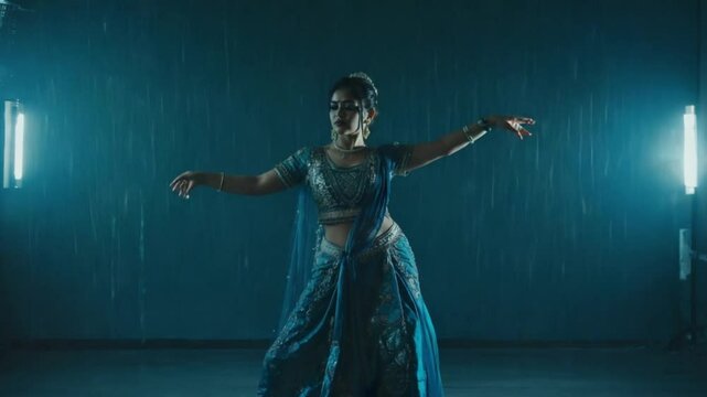 The dark outline of an exotic dancer emerges in a smoky environment within a shadowy studio. A woman performs a seductive dance among the raindrops, dressed in an elegant oriental outfit