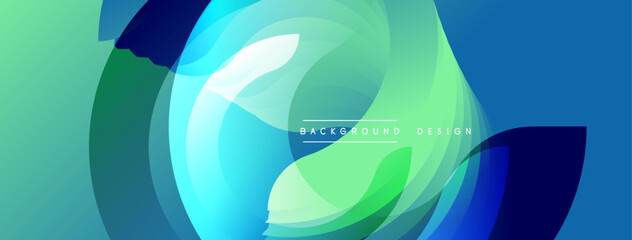 Abstract fluid shapes, vibrant blues, greens create dynamic background. Modern design elements suggest movement, energy.