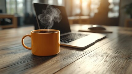 Cozy workspace laptop, steaming drink on rustic wooden desk