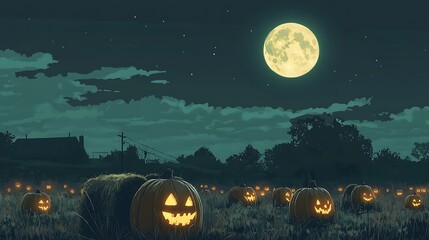 Halloween pumpkins with moonlit field. (2)