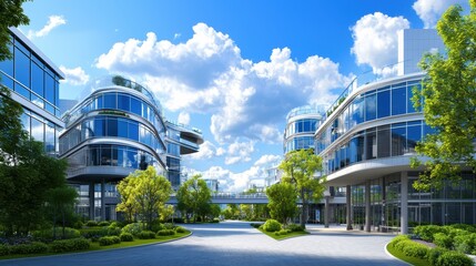 A business complex with interconnected office buildings, sky bridges, and modern urban landscaping.
