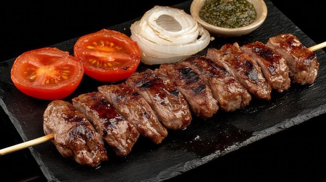 Grilled meat skewers with tomato and onion garnish.