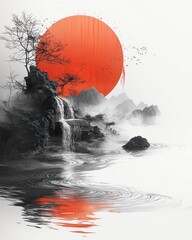 Misty mountain landscape with waterfall and red sun