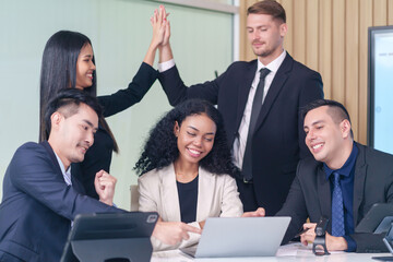 multiracial business people meeting at table in office room,doing gesture sign of success...