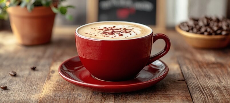 Tasteful beverage presentation with maroon coffee cup and foam on matte saucer in soft lighting and cozy ambiance
