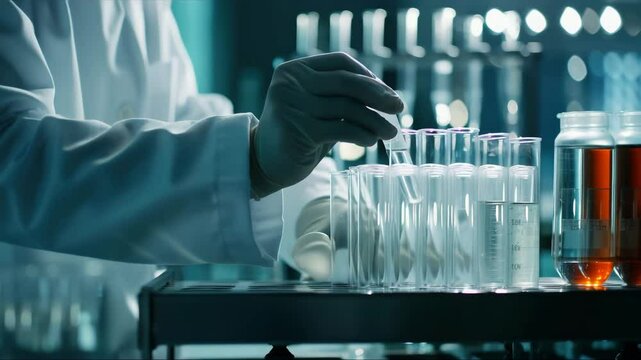 Researcher scientist working with blue liquid test tube in laboratory. Chemical science or medical biology experiment technology concept