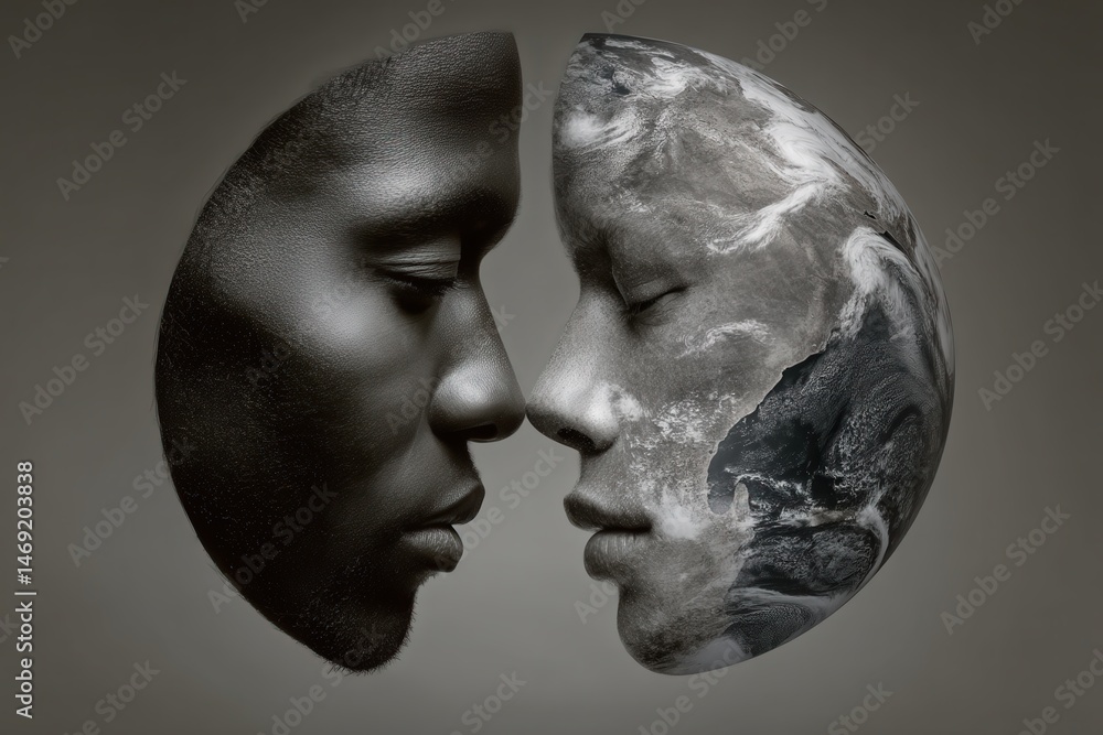 Poster captivating image of faces merging with earth representing unity and harmony in humanity and nature 