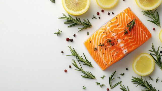 Fresh salmon fillet with herbs and citrus fruits on a white surface.